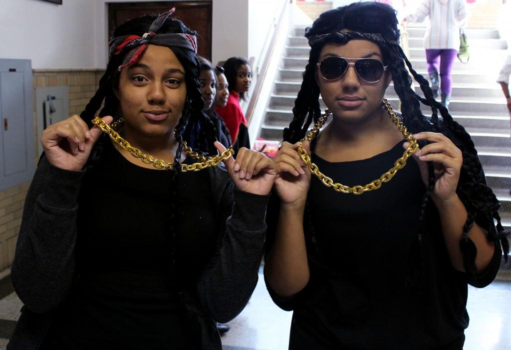 Kylie Gray (11) and Kiara Gray (11) dress as the rapper 2 Chainz and each one of his chains for Costume Day for Red/White Week. Photo by Mesa Serikali