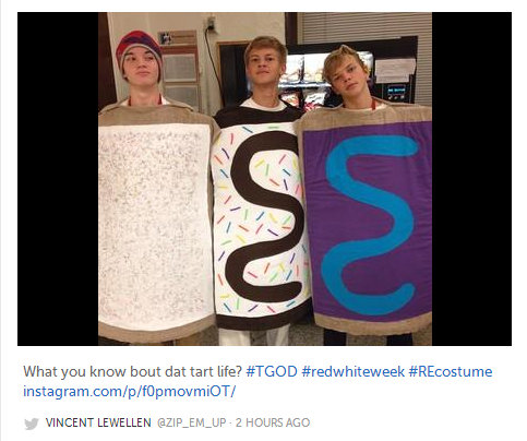 Three students dress as Pop Tarts.