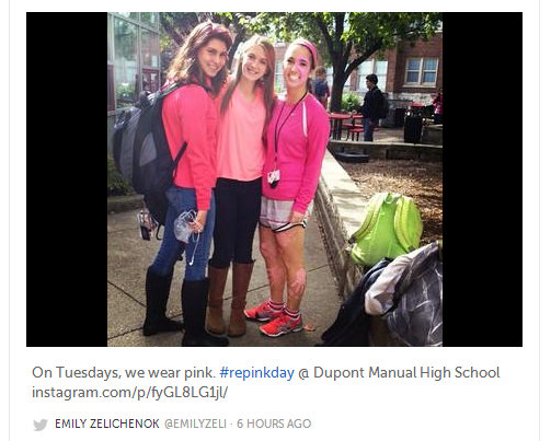 Three girls participate in the pink-out and make a Mean Girls reference.
