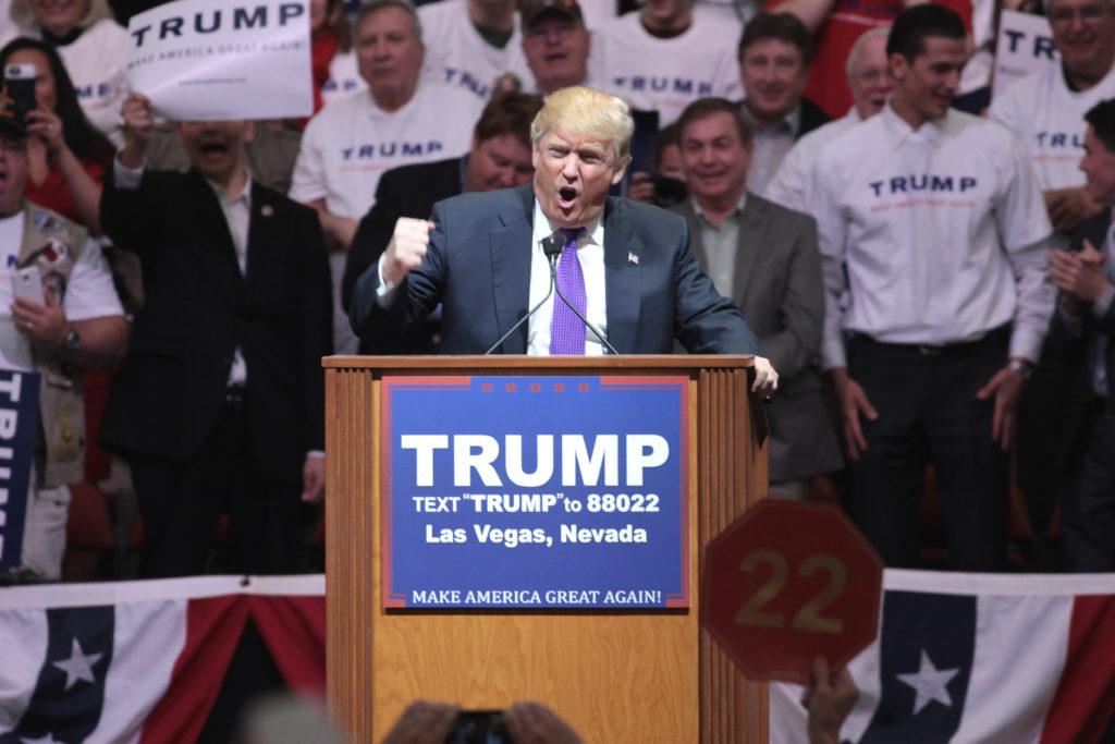 Donald Trump addresses an audience at one of his campaign rallies in Las Vegas, Nev. “Donald Trump” by Gage Skidmore is licensed under CC BY-SA 2.0.
