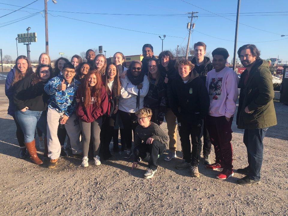 At+a+pit+stop+in+West+Virginia%2C+students+take+a+break+for+a+group+photo+with+the+MSNBC+crew.+Photo+by+Liz+Palmer.