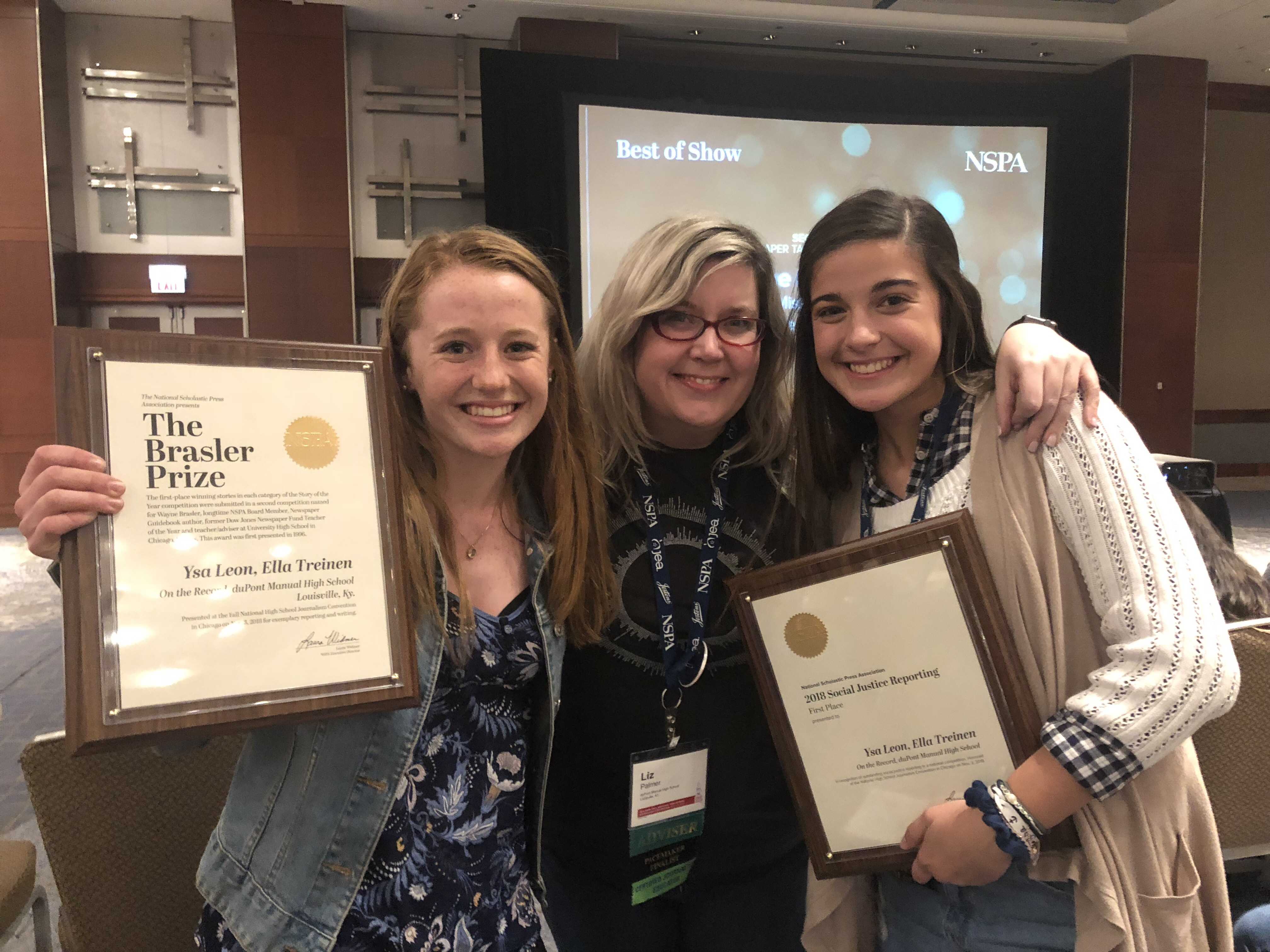 Ella Treinen (11, J&C) and Ysa Leon (11, J&C) pose with their adviser, Ms. Liz Palmer (J&C) after accepting the Brasler Prize and Social Justice Reporting Story of the Year. Photo by Stephen Leon.