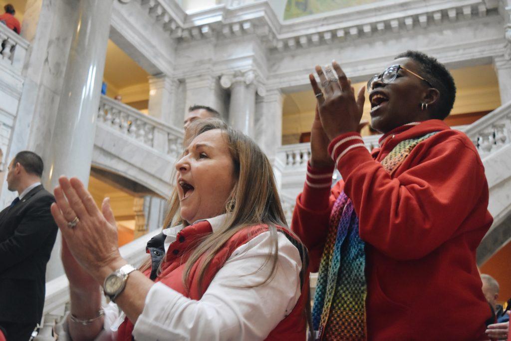 Educators from around Kentucky shared chants and led songs throughout the day as the House went in and out of recess. Photo by Piper Hansen.