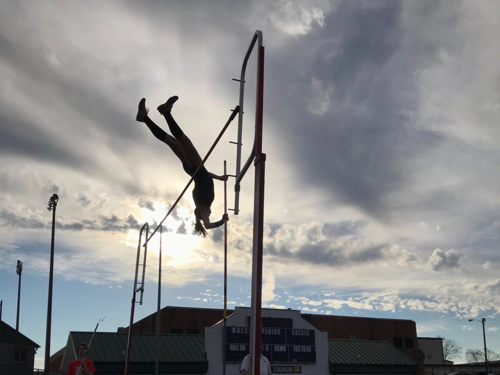 Lena Kaziska (10, MST) clears a 106 bar in a track meet at Male, winning the girls pole vault competition for the meet. Photo provided by Kayla Wendler.