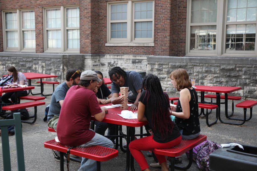 MST students play Jenga in the courtyard. Photo by Jaesylin Stephens.