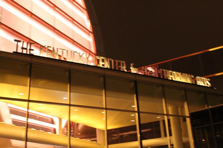 The Kentucky Center is lit up on the night of the performance. Photo by Molly Gregory.