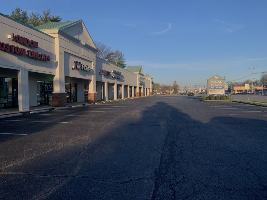 Locke Plaza in St. Matthews, which includes salons, tailors and stores, is empty as people stay home and businesses close due to the coronavirus. Photo by KC Ciresi.
