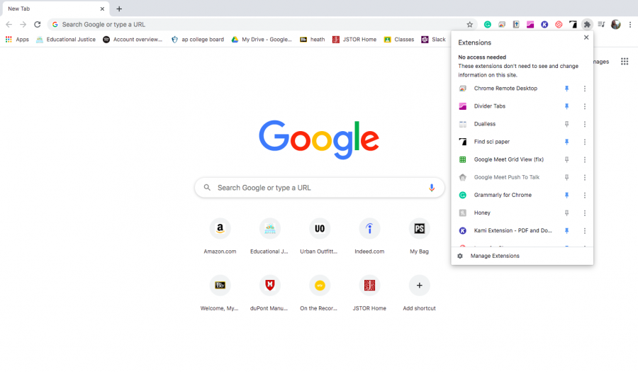 Screenshot of the google search page, with the chrome extensions bar out. 