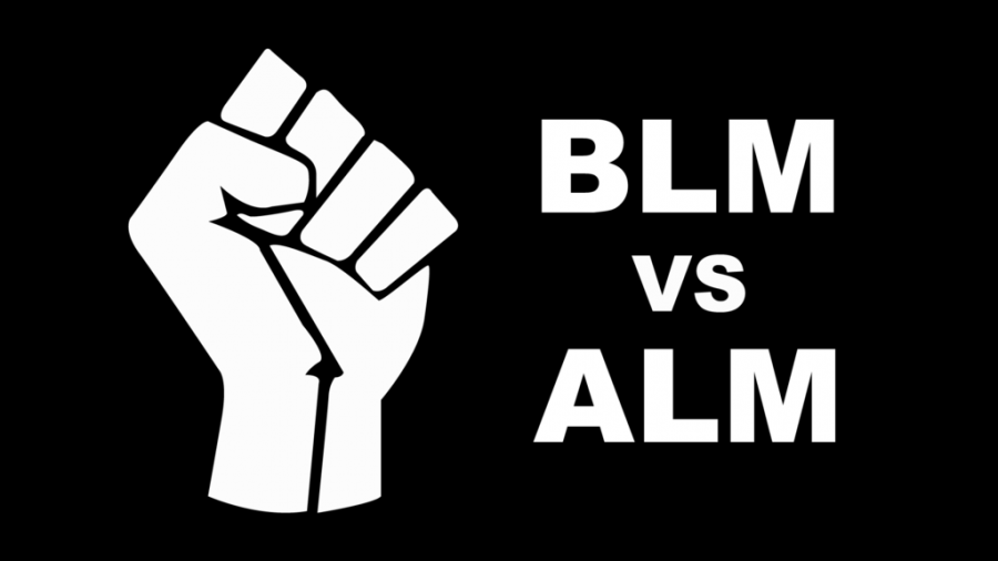 Image Description: Black Lives Matter Fist next to text that says BLM vs ALM.