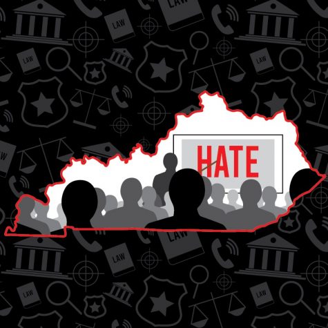 A graphic of the state of Kentucky with a presentation being presented. The word HATE is in bold. Graphic by guest contributor, James Jean-Marie. 