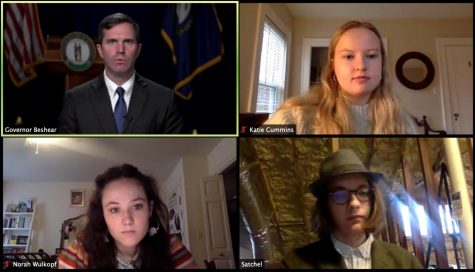 J&C reporters Katie Cummins, Norah Wulkopf and Satchel Walton interview Governor Beshear about DOCJTs nazi training video.