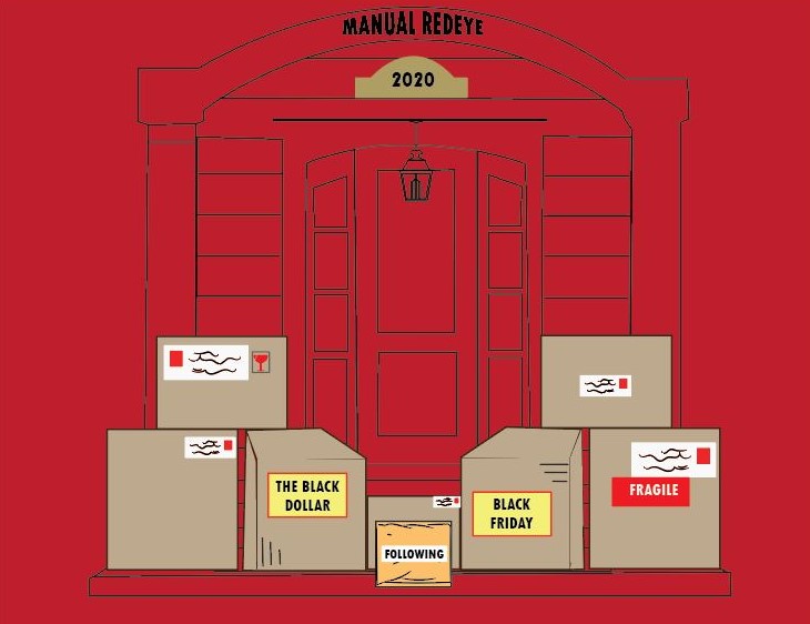 A doorway filled with packages, representing Black Friday, Cyber Monday and (the title of the article) the Black Dollar. 