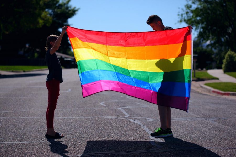 +A+parent+and+child+holding+a+rainbow+pride+flag.+Photo+sourced+from+Unsplash.+Taken+by+Sharon+McCutcheon.