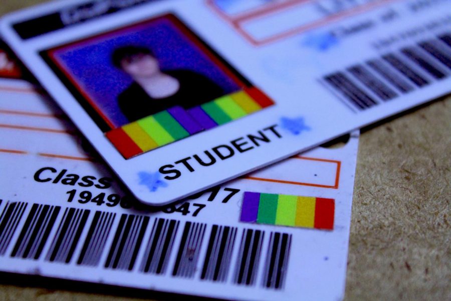 A Pride flag sticker covers a Manual students ID as part of an 2016 initiative by Manual's GSTA. The initiative, whose goal was to let students and teachers show support for LGBTQ students, was ultimately shot down. Photo by Kate Hatter.