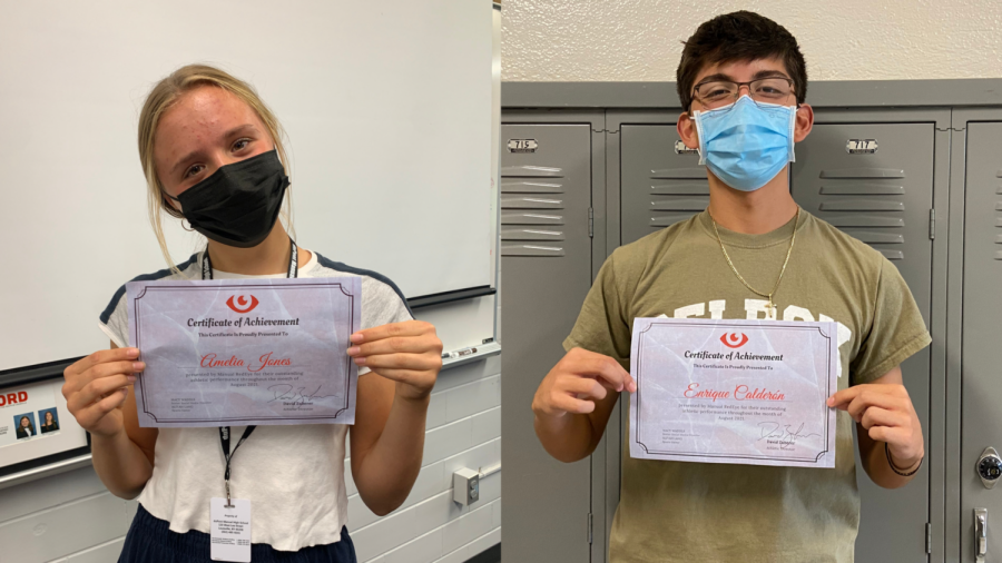 Amelia Jones (10, J&C) and Enrique Calderón (12, HSU) pose with their August athlete of the month certificates. Photos by Macy Waddle and Aliyah Lang.  