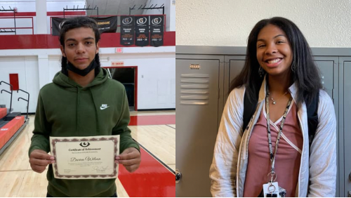 Photo of Darien Wilson (12, HSU) and Nya Bunton (11, HSU) after being selected as athlete of the month. Photo by Macy Waddle and Aliyah Lang