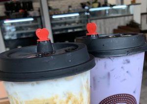 Hearts top the lids of boba drinks. Photo by Michelle Quan. 