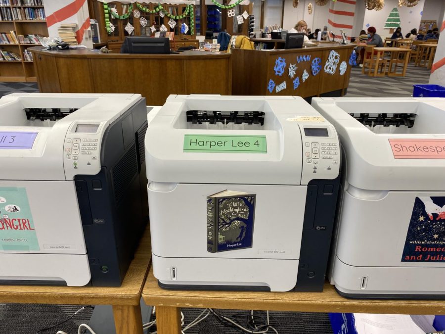 The multiple printers available for use in the library have unique names. 