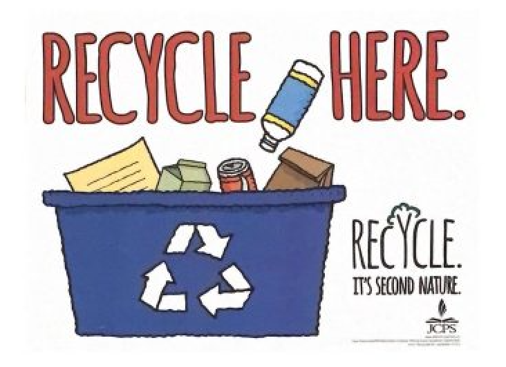 One of JCPSs poster designs that show the most common blue recycling bins. Students can also find clear recycling bins in school buildings. Photo courtesy of JCPS.