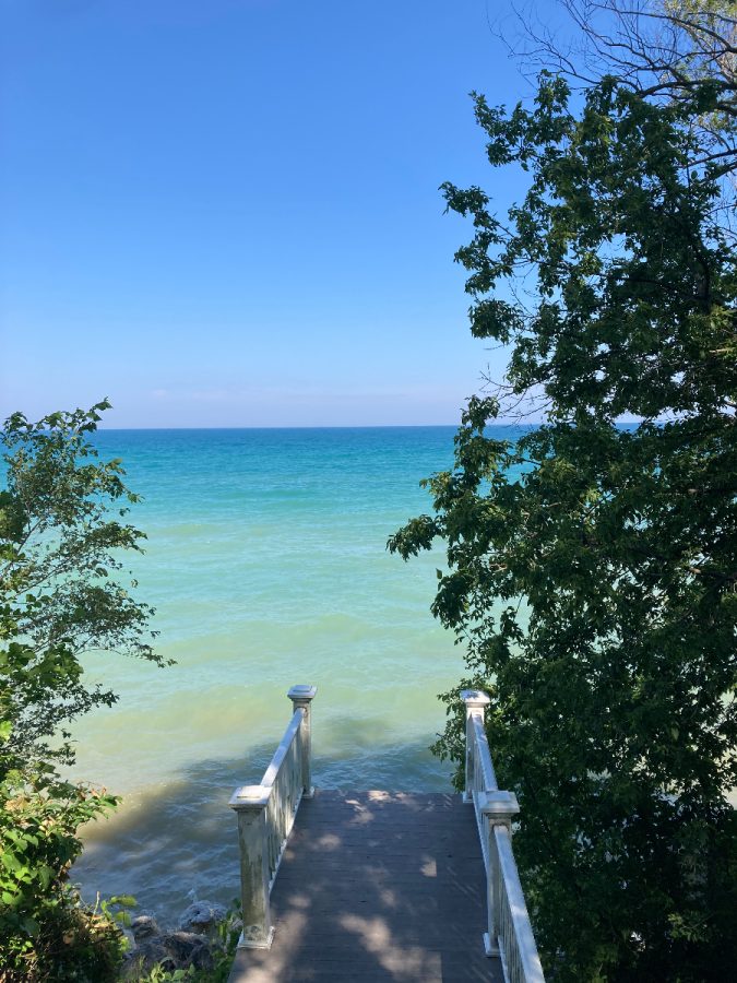 These stairs on Lake Michigan once reached a sandy beach; now, they reach straight into the water