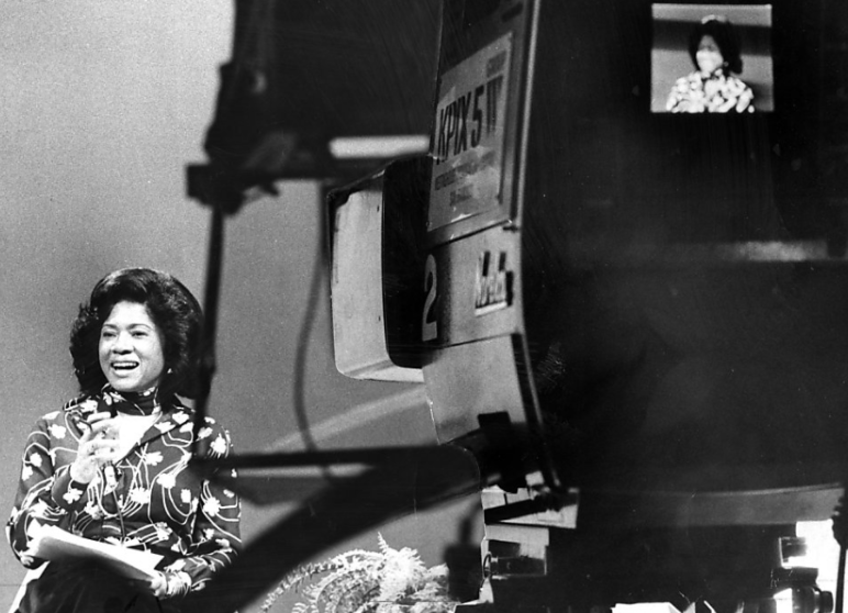 Belva Davis stands in front of the camera at KPIX’s studios, becoming the first Black female TV reporter in the western United States. Photo courtesy of Joseph J. Rosenthal via The Chronicle