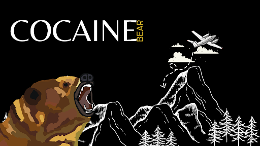 The vicious Cocaine Bear stalks its victims through the dense forest. Design by Dia Cohen.
