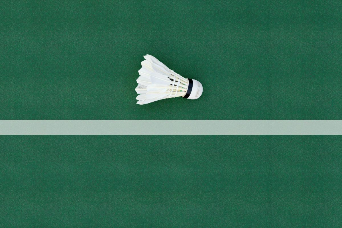 A badminton shuttlecock laying on the side of a court. 