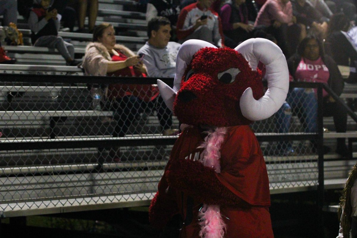 The Crimson mascot walking around the stadium during the game.