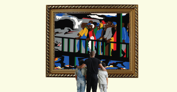 A family views Confrontation on the Bridge by Jacob Lawrence. Design by Aaron Ziegler.