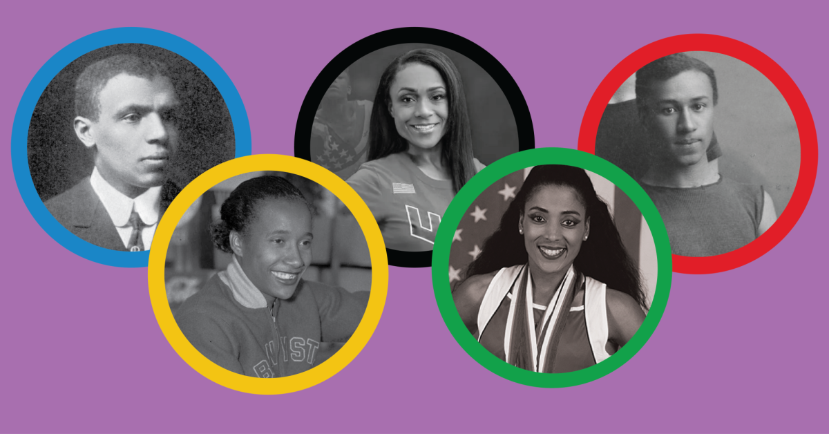 John Baxter Taylor, Jr., Alice Coachman, Dominique Dawes, Florence Giffith-Joynes and George Coleman Poage are all African American Olympic atheletes who broke barriers. Design by Aaron Ziegler