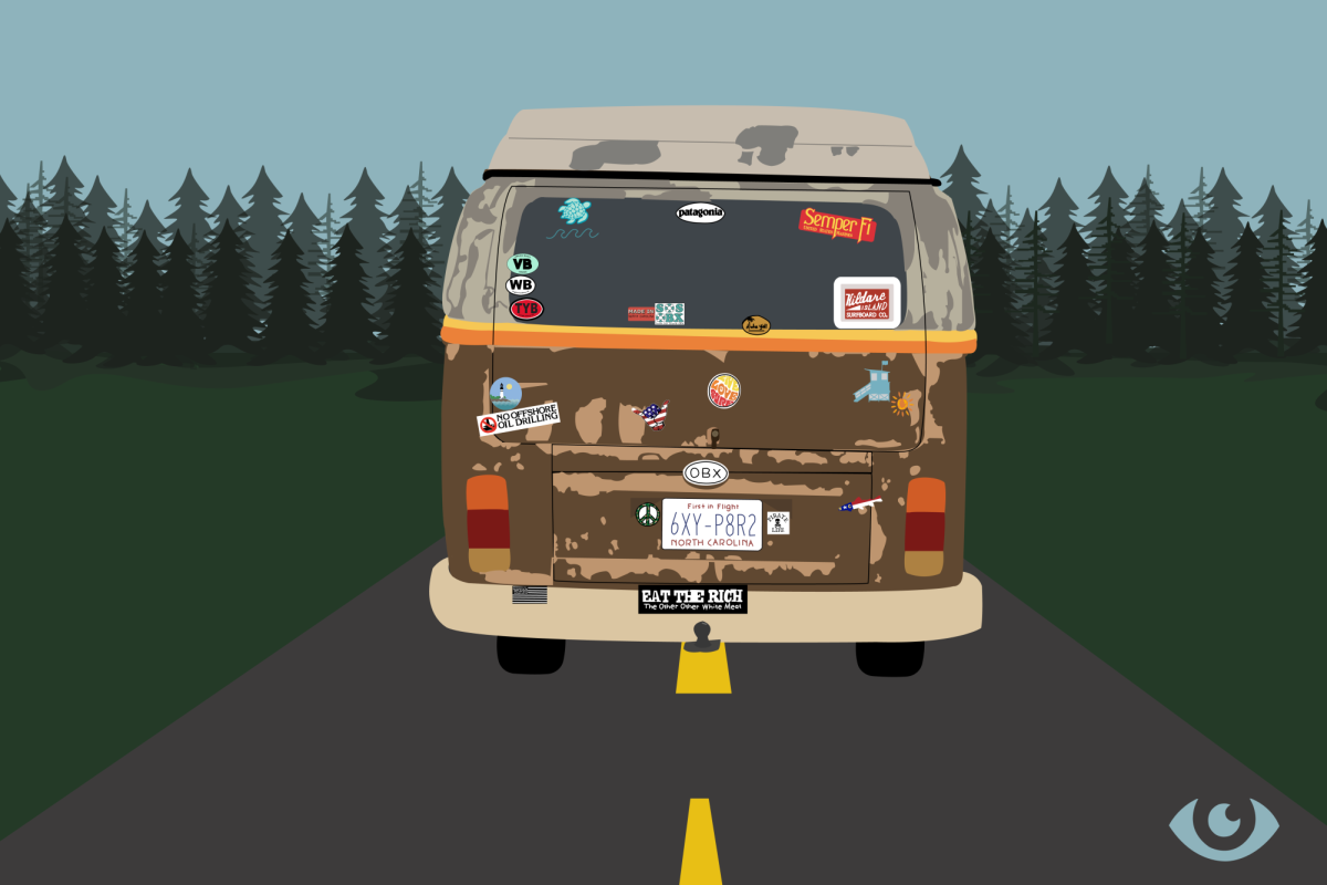 John B.'s old Volkswagen van features an eclectic assortment of stickers, which in a way represents the eclectic assortment of music featured within "Outer Banks." Design by Katie Dikes. 