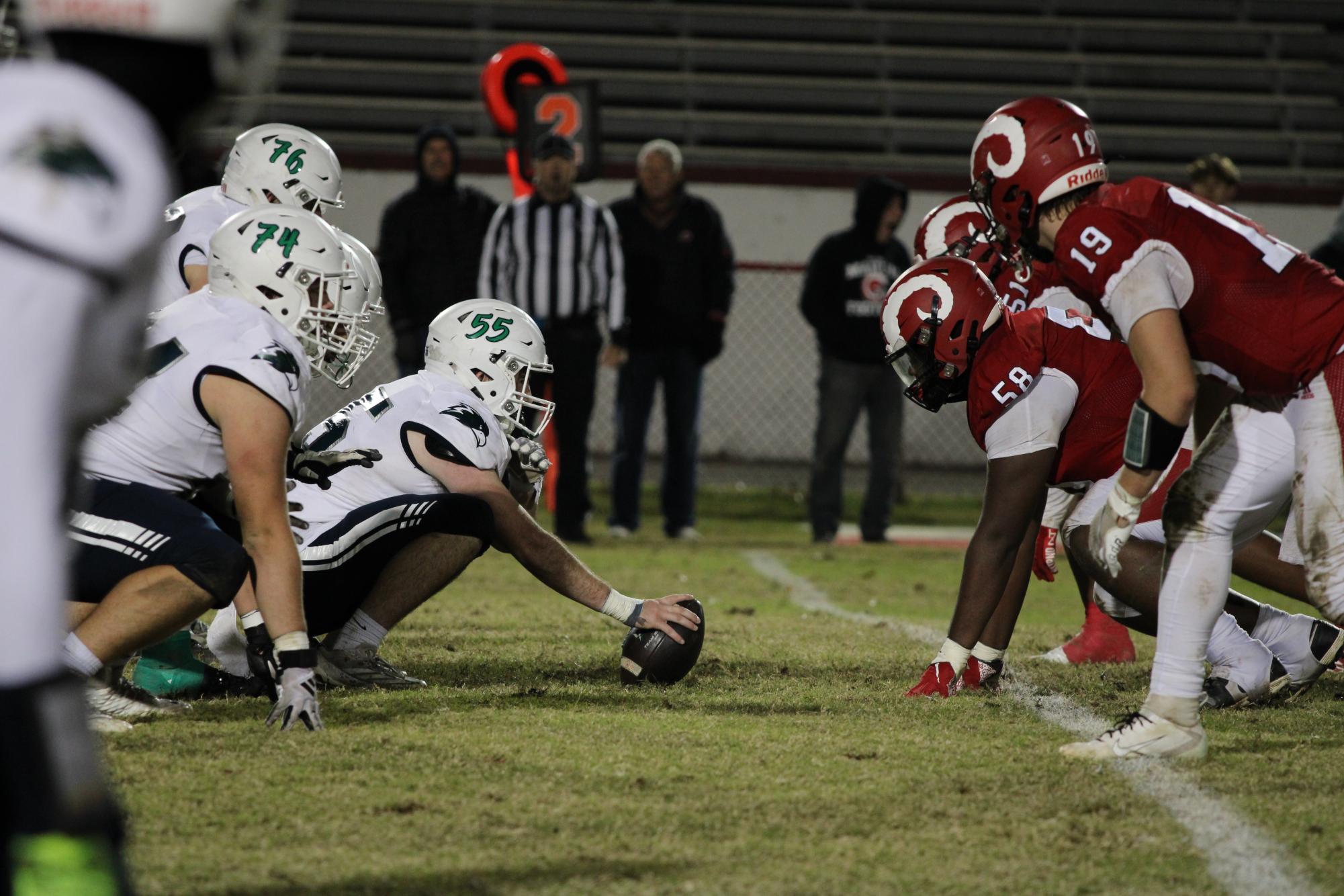 Great Crossings offense and Manual's defense lines up as the ball is about to be snapped.