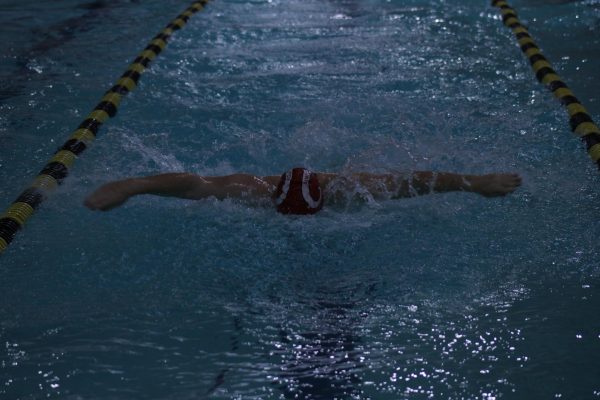 Caitlyn Staebler (11, HSU) participates in the butterfly. 