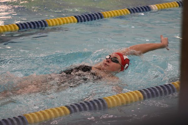 Caitlyn Staebler (11, HSU) swims the backstroke. 