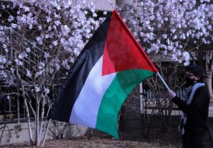 Protest participants waved a Palestinian flag throughout the evening. 