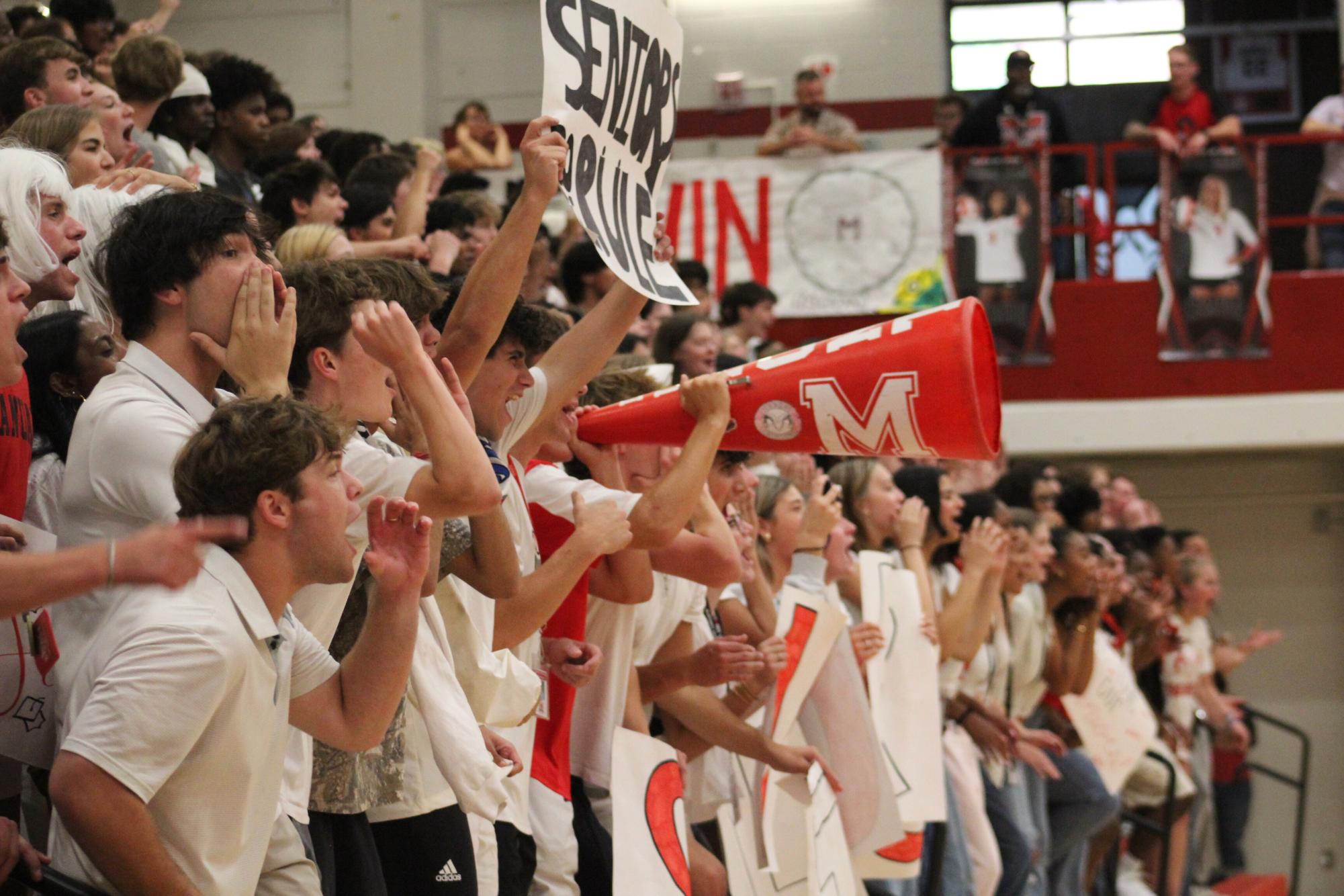 Manual seniors cheer during the first pep rally of the 2025-26 school year.