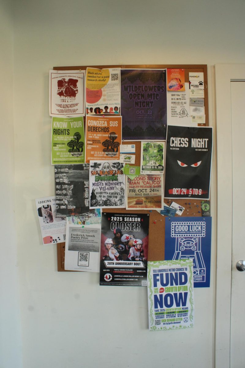The Full Stop bulletin displays upcoming events and information that pertains to the Louisville community.